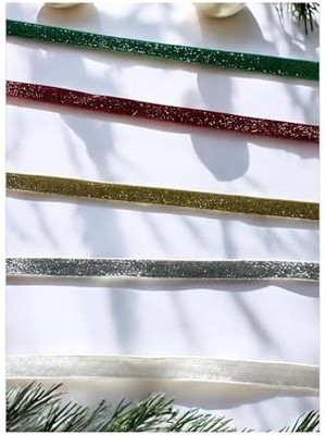Renklimestore Yılbaşı Glitter Kurdele Seti, Yeşil, Kırmızı, Altın, Gümüş ve Beyaz, Dekoratif Parlak Şeritler, 5 Parça 2 Metre (5, Simli)