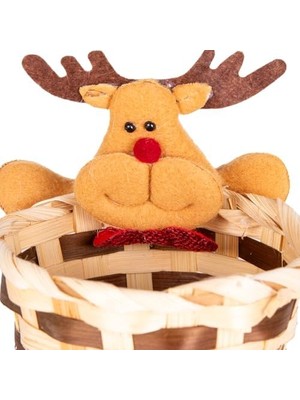 Renklimestore Yılbaşı Süsü Sepet Geyik Figürlü Kahverengi-Kırmızı 10X11 Cm.