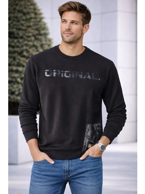 İnce Moda Giyim Original Baskılı Fermuar Cep Detaylı Erkek Sweatshirt – Siyah