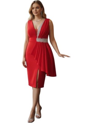 Kadın Siyah V Yaka Payet Detaylı Yırtmaçlı Abiye Elbise