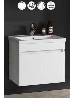 Özceden Çiğdem 65 cm Beyaz Balon Mdf Seramik Lavabolu Asma Banyo Alt Dolabı