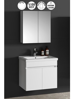 Özceden Çiğdem 65 cm Beyaz Balon Mdf Seramik Lavabolu Asma Banyo Dolabı Takımı
