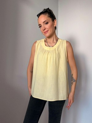 Sarı Bisiklet Yaka Keten Bluz