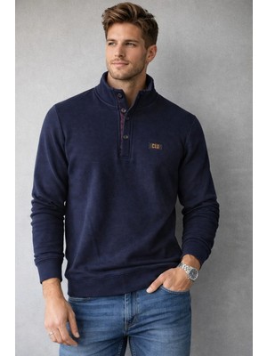 İnce Moda Giyim Erkek Dik Yaka Düğmeli Basic Sweatshirt