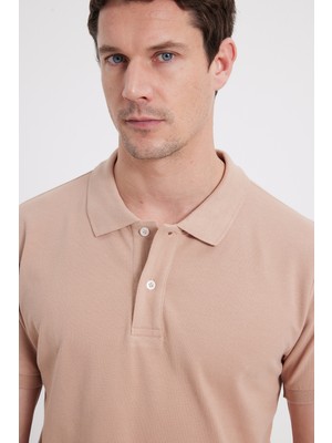 Tudors Erkek Slim Fit Dar Kesim %100 Pamuk Kısa Kollu Polo Yaka Bej Tişört
