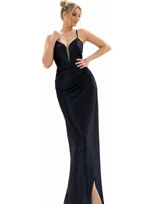 Askılı Saten Uzun Abiye Elbise – Derin V Yaka