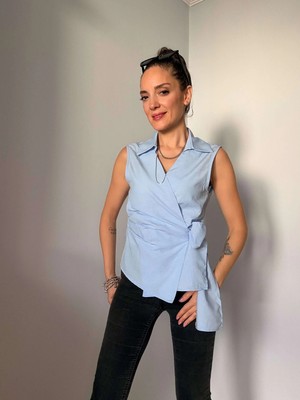 Mavi Sıfır Kol Poplin Gömlek