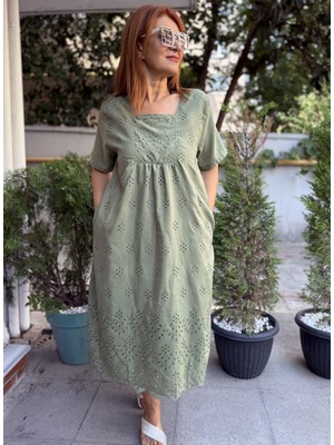 Kare Yaka Brode Elbise Haki