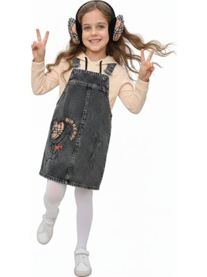 Rapapa Kız Çocuk Kot Salopet Elbise Kapüşonlu Sweat ve Kulaklık Detaylı 3’lü TAKIM-12095