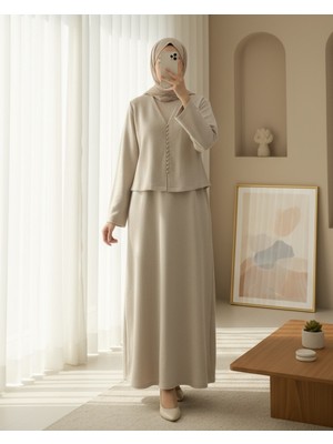 Modamorfo Krop Ceketli Selanik Elbise Takım  -Bej