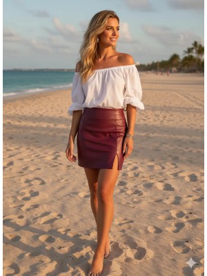 TRENDHAZAN Önden Ufak Yırtmaçlı  SUNİ DERİ Mini Etek