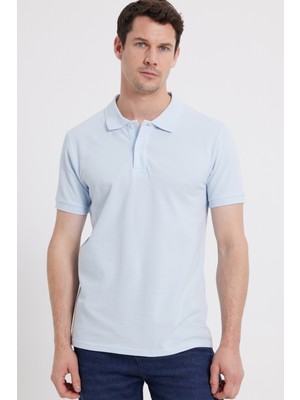 Tudors Erkek Slim Fit Dar Kesim %100 Pamuk Kısa Kollu Polo Yaka Turkuaz Tişört