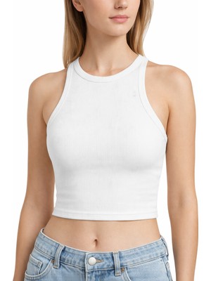 Mmetalic Kadın Beyaz Fitilli Görünümlü Askılı Kalın Esnek Örme Basic Crop Atlet Bluz