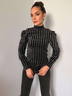 Siyah Simli Gümüş Çizgili Karpuz Kol Bluz