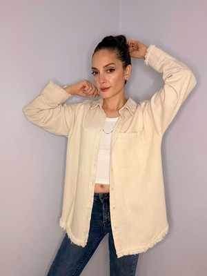 Krem Püskül Detaylı Keten Gömlek