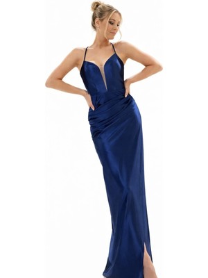 Askılı Saten Uzun Abiye Elbise – Derin V Yaka
