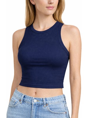Mmetalic Kadın Lacivert Fitilli Görünümlü Askılı Kalın Esnek Örme Basic Crop Atlet Bluz