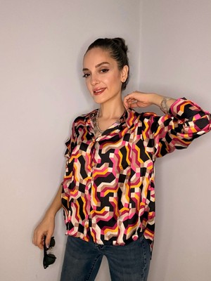 Retro Pembe Desenli Saten Gömlek