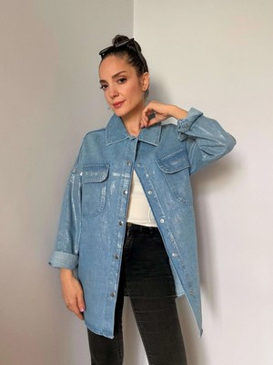 Mavi Renk Gümüş Varaklı Denim Oversize Gömlek