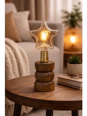 Mars Concept Rustik Ahşap Masa Lambası – Vintage Dekoratif Rustik Ampullü Abajur