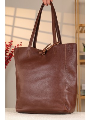 Aksesuarlia Kahve Renk Tote Stil Soft Deri Çanta - 40369 , Orijinal Deri , Bayan Çanta , Iç Cepli