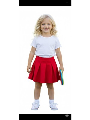 Rapapa Kız Çocuk Dalgıç Kumaş Kırmızı Piliseli Mini Etek- 456