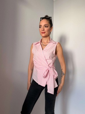 Pembe Çizgili Sıfır Kol Poplin Gömlek