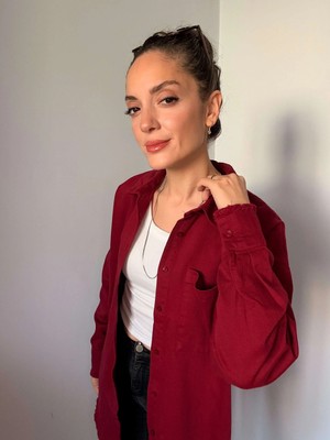 Bordo Püskül Detaylı Keten Gömlek