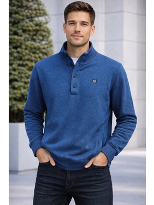 İnce Moda Giyim Erkek Dik Yaka Düğmeli Basic Sweatshirt