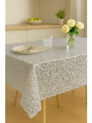Rona Home Pvc Şeffaf Kaplamalı Ip Desenli Masa Örtüsü Gümüş Silinebilir Hasır Lüx Muşamba Sofra Bezi