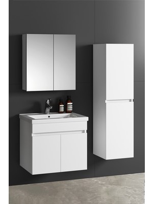 Özceden Çiğdem 65+35 cm Beyaz Balon Mdf Seramik Lavabolu Sepetli Asma Banyo Dolabı Takımı