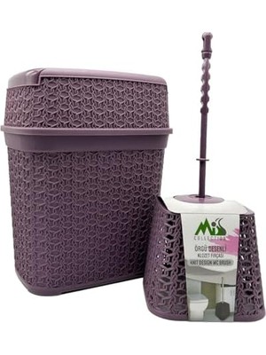 Renklimestore Hasır Desenli Çöp Kovası ve Klozet Fırçası Seti, Mürdüm