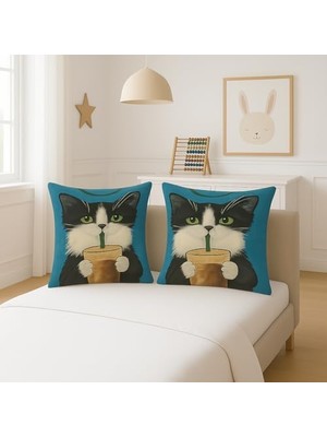 Renklimestore 4’lü Dekoratif Yastık Kılıfı Seti - Sevimli Siyah Beyaz Kedi Deseni, Yumuşak Kare Kırlent Kılıfları, Ev ve Ofis Dekoru, Fermuarlı, 45X45 cm Kedi Temalı Hediye Seti