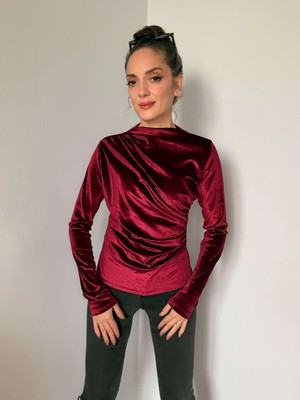 Bordo Balıkçı Yaka Kadife Bluz