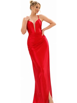 Askılı Saten Uzun Abiye Elbise – Derin V Yaka