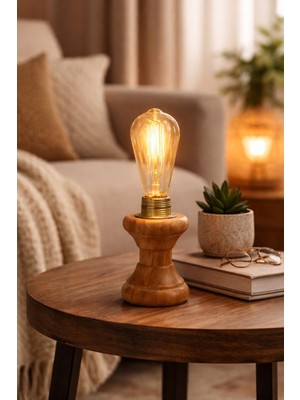 Mars Concept Rustik Ahşap Masa Lambası – Vintage Dekoratif Rustik Ampullü Abajur
