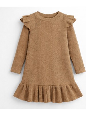 Özge Başaran Kız Bebek Çocuk Fırfırlı Ribana Elbise Uzun Kollu Günlük Şık Elbise %100 Pamuk