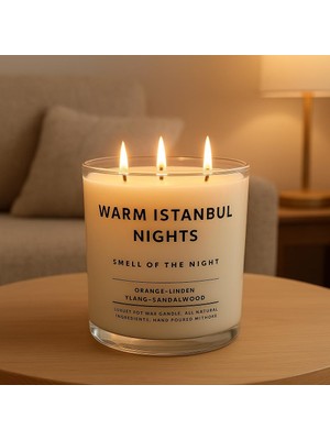 Renklimestore Warm Istanbul Nights | Premium Soya Mumu | 12 Oz, 3 Fitilli, 45+ Saat Yanma Süresi | Portakal, Ihlamur, Ylang & Sandal Ağacı | Organik Pamuk Fitil | Şık Cam Içinde