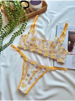 Perle Norie Sarı Çiçekli Dantelli Bralet Sütyen Takımı Külot Tanga