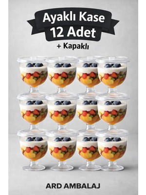 Rubikap Plastik Lüx Ayaklı Kristal Puding Magnolya Tatlı Papatya Kase 12 Adet + Kapak