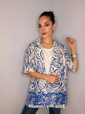 Mavi Yaprak Desenli Fakir Kol Keten Gömlek