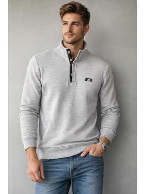İnce Moda Giyim Erkek Dik Yaka Düğmeli Basic Sweatshirt
