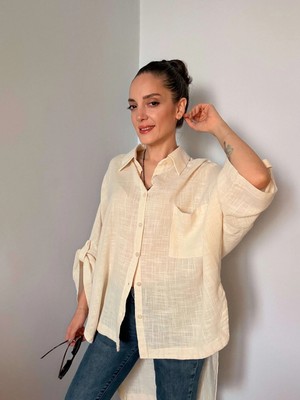 Krem Fakir Kol Oversize Keten Gömlek