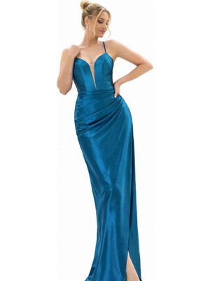 Askılı Saten Uzun Abiye Elbise – Derin V Yaka