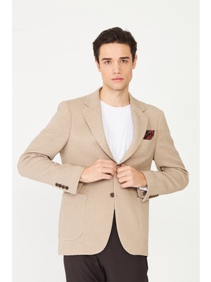 White Stone Bej Dokulu Modern Kesim Düğmeli Blazer Ceket