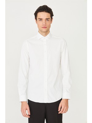 White Stone Bej İnce Çizgili Uzun Kollu Gömlek Slim Fit
