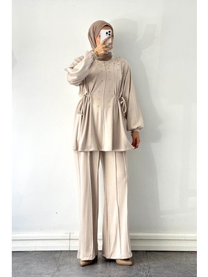 Lamelif Taşlı Ikili Takım Krem