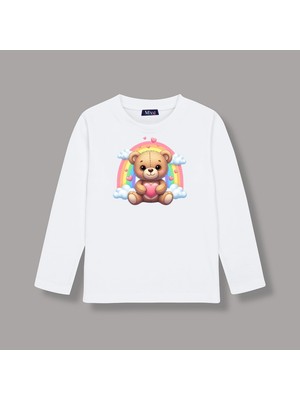 Mixxi Fashion Sevimli Ayı Gökkuşağı Cute Bear Rainbow Baskılı Uzun Kollu Unisex  Çocuk Tişört (4-13 Yaş)