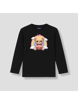 Mixxi Fashion Sevimli Ayı Gökkuşağı Cute Bear Rainbow Baskılı Uzun Kollu Unisex  Çocuk Tişört (4-13 Yaş)