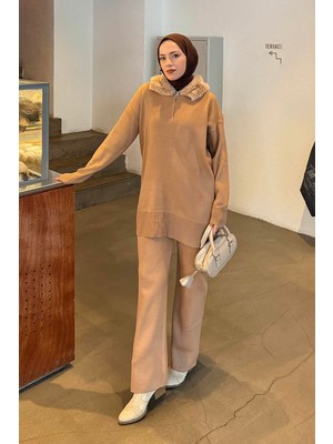 Lamelif Peluş Yaka Triko Takım Camel